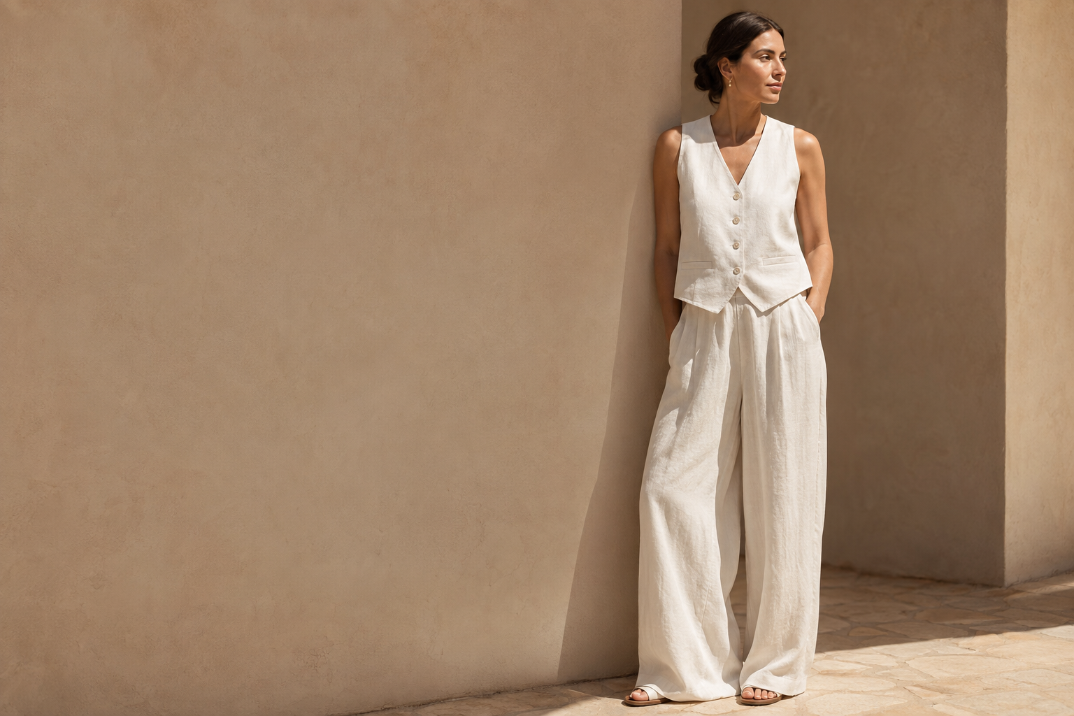 Fashion editorial featuring an ivory outfit in a sunlit architectural setting