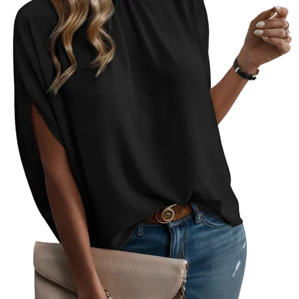 Women's Casual Tie Back Mock Neck Dolman Sleeve Top Blouse