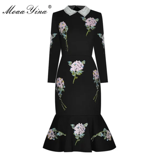 MoaaYina Autumn Women Dress Beaded turn-down collar Rose Embroidery Hot drilling Black Slim Package hip Elegant Mermaid Dresses