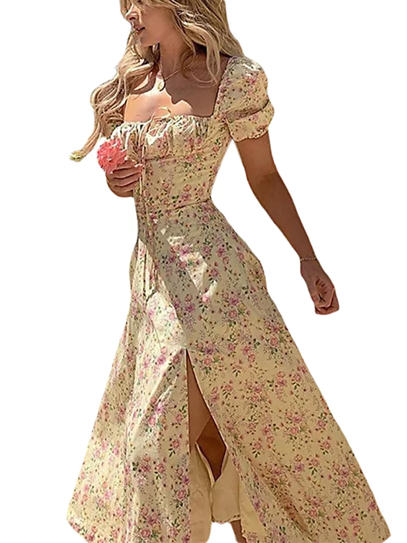 Elegant Women s Maxi Dress with Puff Sleeves Lace-Up Detail Floral Print and High Side Split for a Stylish Look - Image 9