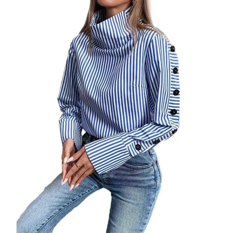 Spring Shirt New Stripe Long Sleeved Top For Women Elegant Office Lady Spliced ​​buttons Pullover Woman Blouse 2025 Blusas - Image 5