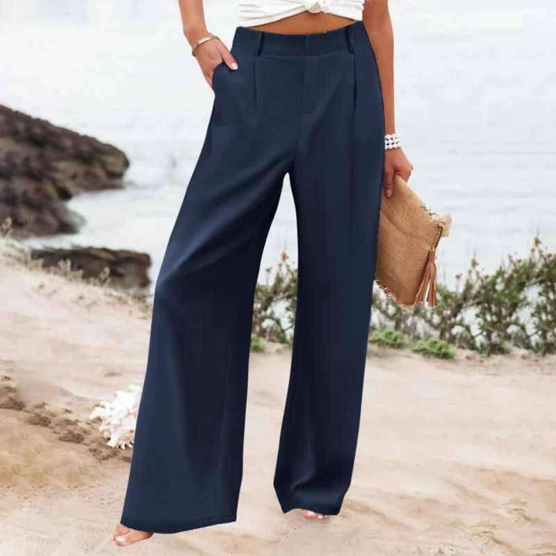 Women Elastic Waist Wide Leg Pants Casual Loose Cotton Linen Pants With Pockets Streetwear Business Casual Straight Trousers