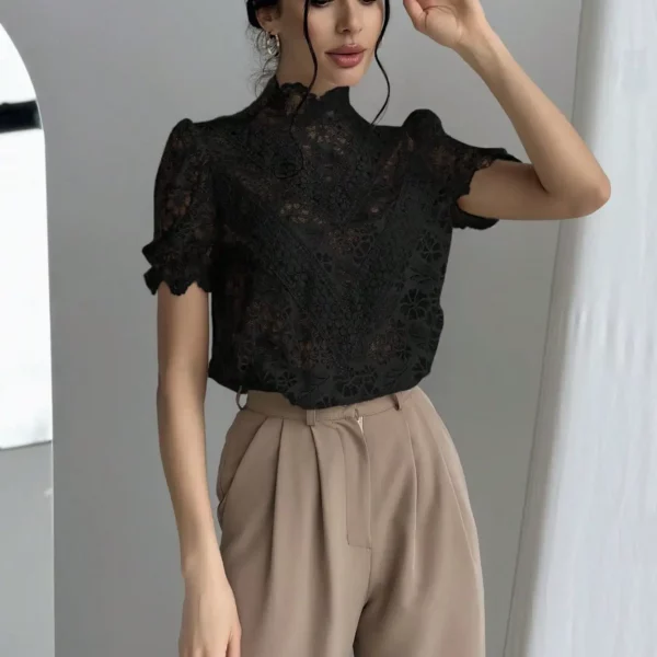 Blouse Women Y2K Black 25 Spring Summer Lace Sleeve High Neck Loose Fit Sexy Casual Streetwear Office Ready Dinner Date Weekend