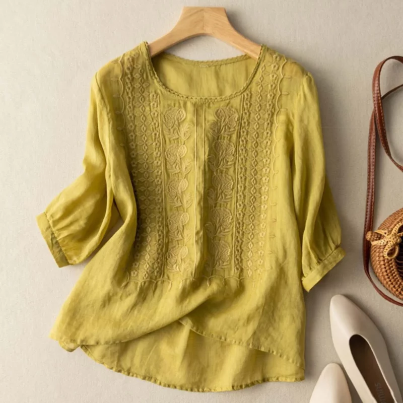Cotton Linen Blended Summer Blouse Women Embroidered Floral Thin Long Sleeve Blouses Round Neck Loose Female Top - Image 2