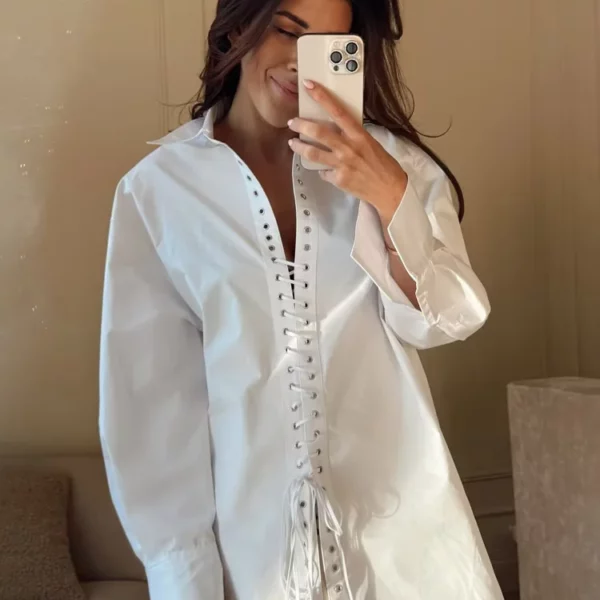 TRAFZA Spring Women's Long Sleeves Hollow Lapel Lace Decorate White Blouses Top Woman Fashion Loose Commuting Casual Shirts Top