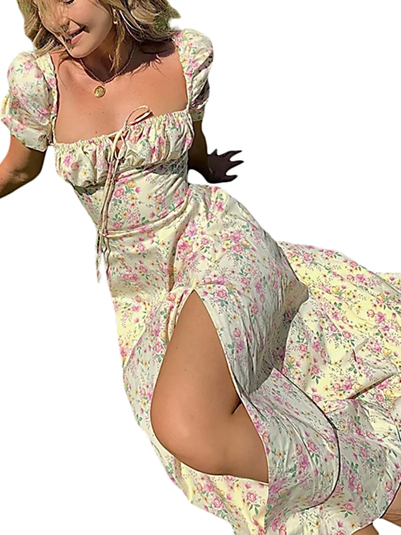 Elegant Women s Maxi Dress with Puff Sleeves Lace-Up Detail Floral Print and High Side Split for a Stylish Look - Image 4