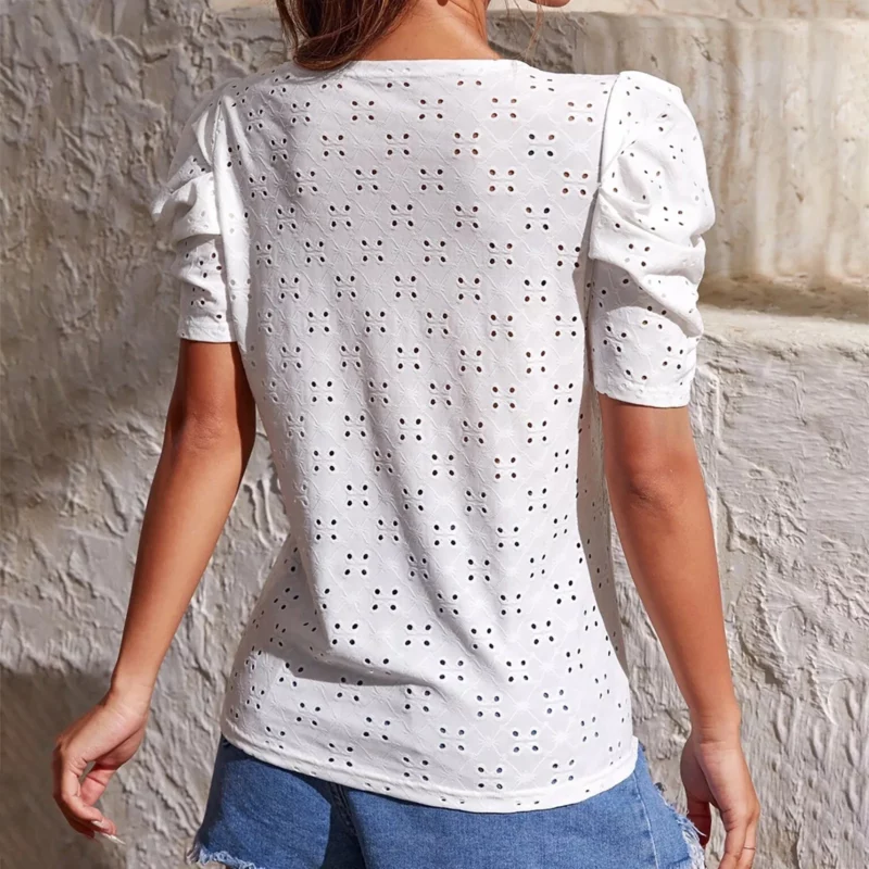 Solid Lace Shirts for Women New Summer Short Sleeve Round Neck Hollow Out Mesh Ruffle Sleeve Blouse Women Slim Tunic Tops - Image 3