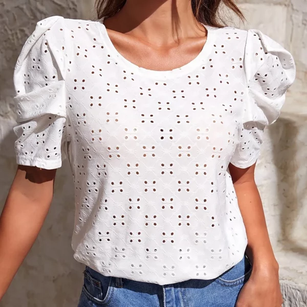 Solid Lace Shirts for Women New Summer Short Sleeve Round Neck Hollow Out Mesh Ruffle Sleeve Blouse Women Slim Tunic Tops