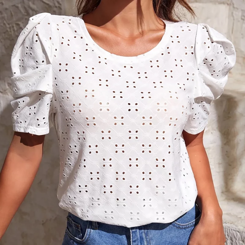 Solid Lace Shirts for Women New Summer Short Sleeve Round Neck Hollow Out Mesh Ruffle Sleeve Blouse Women Slim Tunic Tops