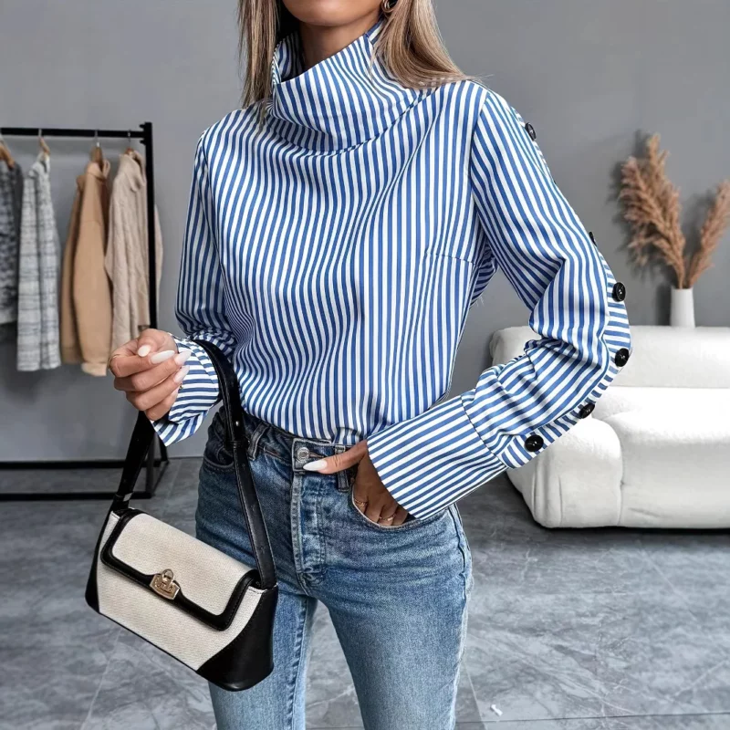 Spring Shirt New Stripe Long Sleeved Top For Women Elegant Office Lady Spliced ​​buttons Pullover Woman Blouse 2025 Blusas - Image 4