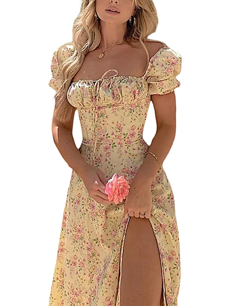Elegant Women s Maxi Dress with Puff Sleeves Lace-Up Detail Floral Print and High Side Split for a Stylish Look - Image 11