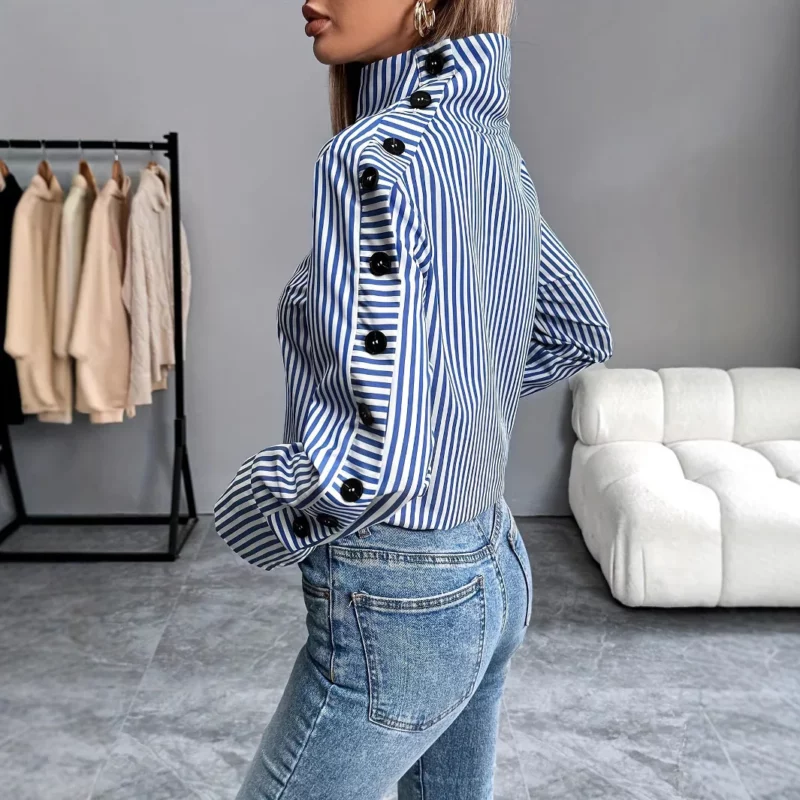 Spring Shirt New Stripe Long Sleeved Top For Women Elegant Office Lady Spliced ​​buttons Pullover Woman Blouse 2025 Blusas - Image 2