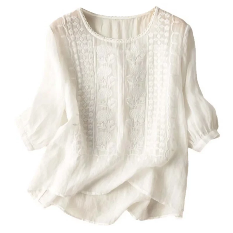 Cotton Linen Blended Summer Blouse Women Embroidered Floral Thin Long Sleeve Blouses Round Neck Loose Female Top - Image 3