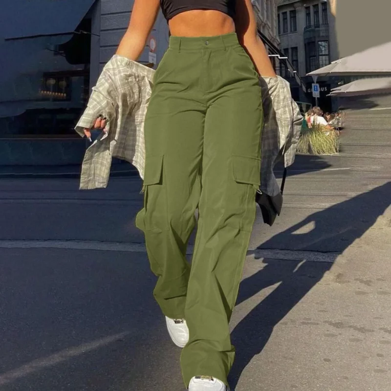 Women's Loose Cargo Pants High Waist Wide Leg Solid Color Full Length Trousers with Pockets Casual All Seasons Long Pants - Image 4
