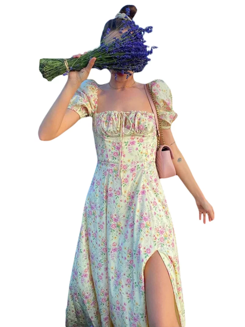 Elegant Women s Maxi Dress with Puff Sleeves Lace-Up Detail Floral Print and High Side Split for a Stylish Look - Image 6