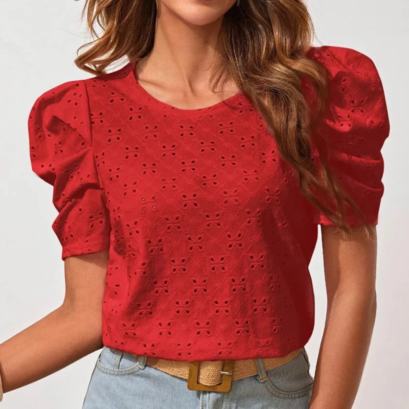 Solid Lace Shirts for Women New Summer Short Sleeve Round Neck Hollow Out Mesh Ruffle Sleeve Blouse Women Slim Tunic Tops - Image 2
