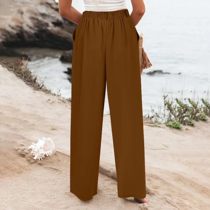 Women Elastic Waist Wide Leg Pants Casual Loose Cotton Linen Pants With Pockets Streetwear Business Casual Straight Trousers - Image 3