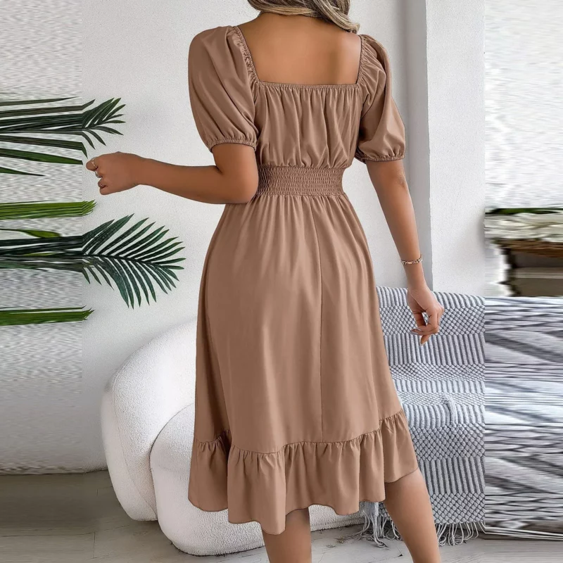 Elegant Women Spring Summer Dress Square Neck Puff Sleeve A Line Vestidos Square Neck Tie Waist Ruched Casual Solid Long Dress - Image 7