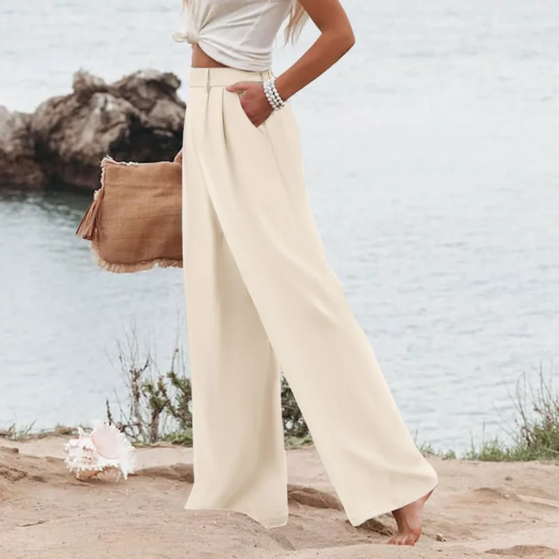 Women Elastic Waist Wide Leg Pants Casual Loose Cotton Linen Pants With Pockets Streetwear Business Casual Straight Trousers - Image 2