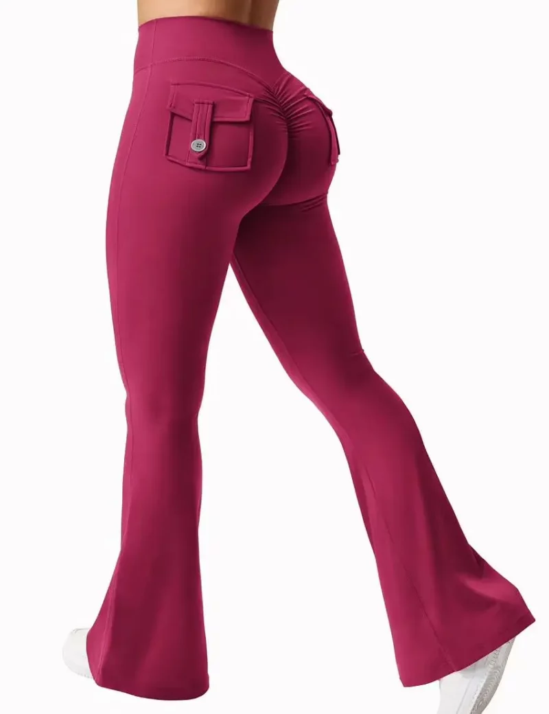New women's casual flared yoga pants, training flared pants, high waisted work clothes, belt pocket sportswear - Image 3