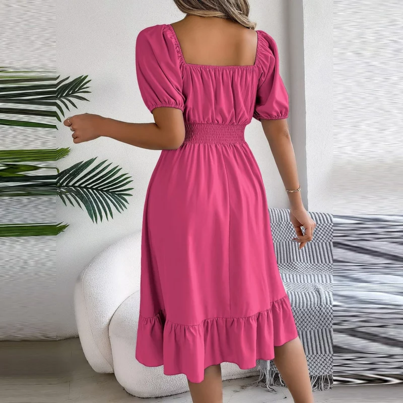 Elegant Women Spring Summer Dress Square Neck Puff Sleeve A Line Vestidos Square Neck Tie Waist Ruched Casual Solid Long Dress - Image 3