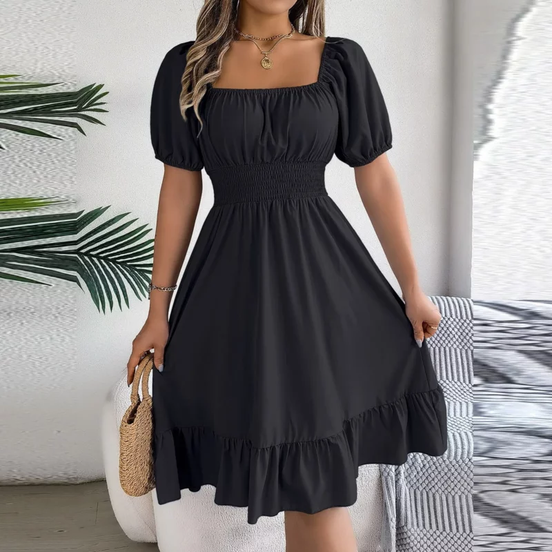 Elegant Women Spring Summer Dress Square Neck Puff Sleeve A Line Vestidos Square Neck Tie Waist Ruched Casual Solid Long Dress - Image 9