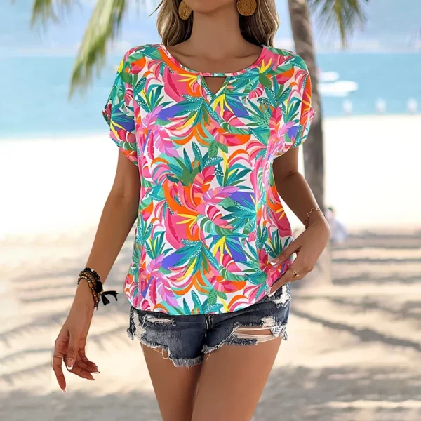 Women's tropical print top round neck color short sleeve shirt new 2024 beach style summer breathable fiber fashion slim shirt