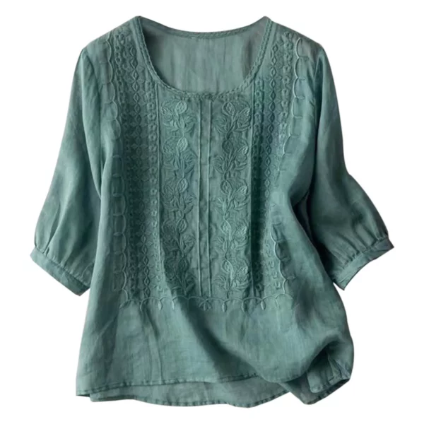 Cotton Linen Blended Summer Blouse Women Embroidered Floral Thin Long Sleeve Blouses Round Neck Loose Female Top