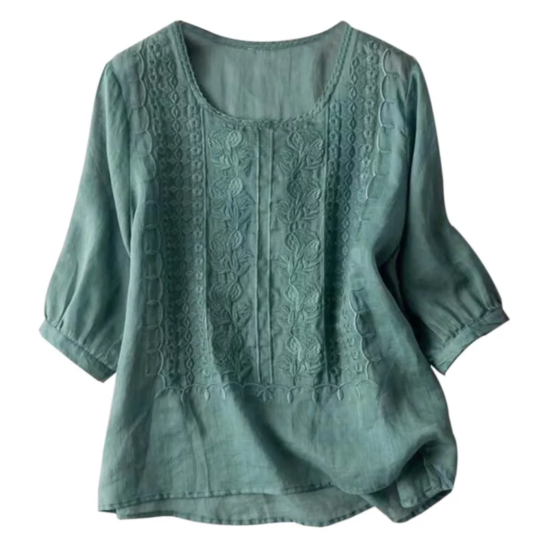 Cotton Linen Blended Summer Blouse Women Embroidered Floral Thin Long Sleeve Blouses Round Neck Loose Female Top