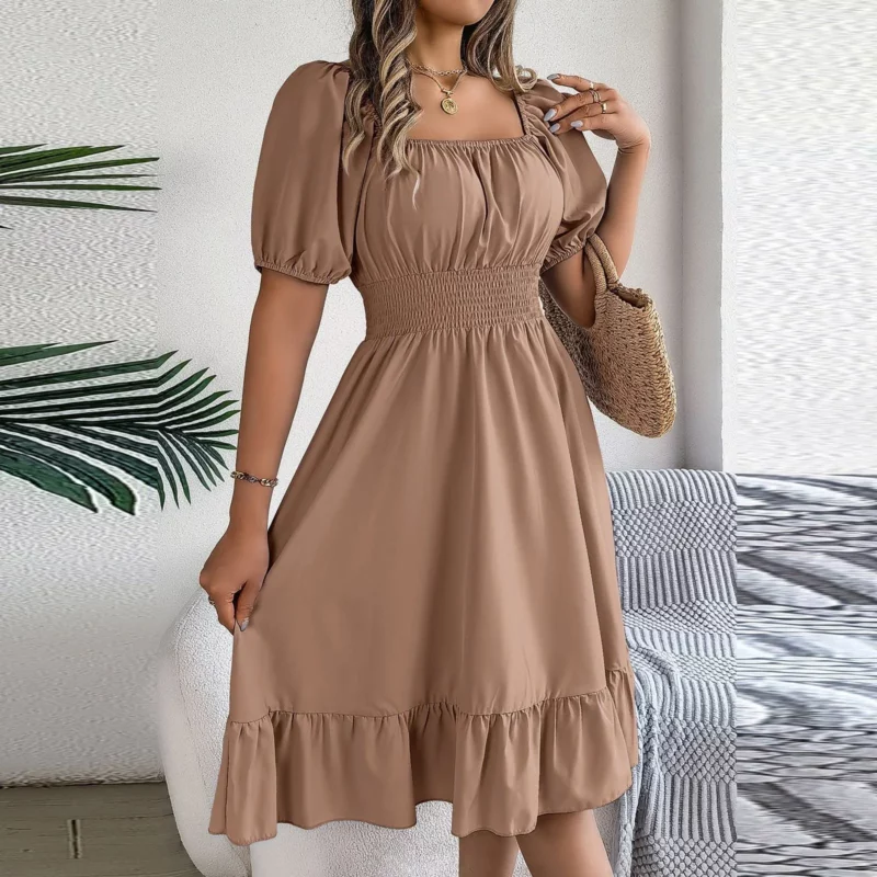 Elegant Women Spring Summer Dress Square Neck Puff Sleeve A Line Vestidos Square Neck Tie Waist Ruched Casual Solid Long Dress - Image 4