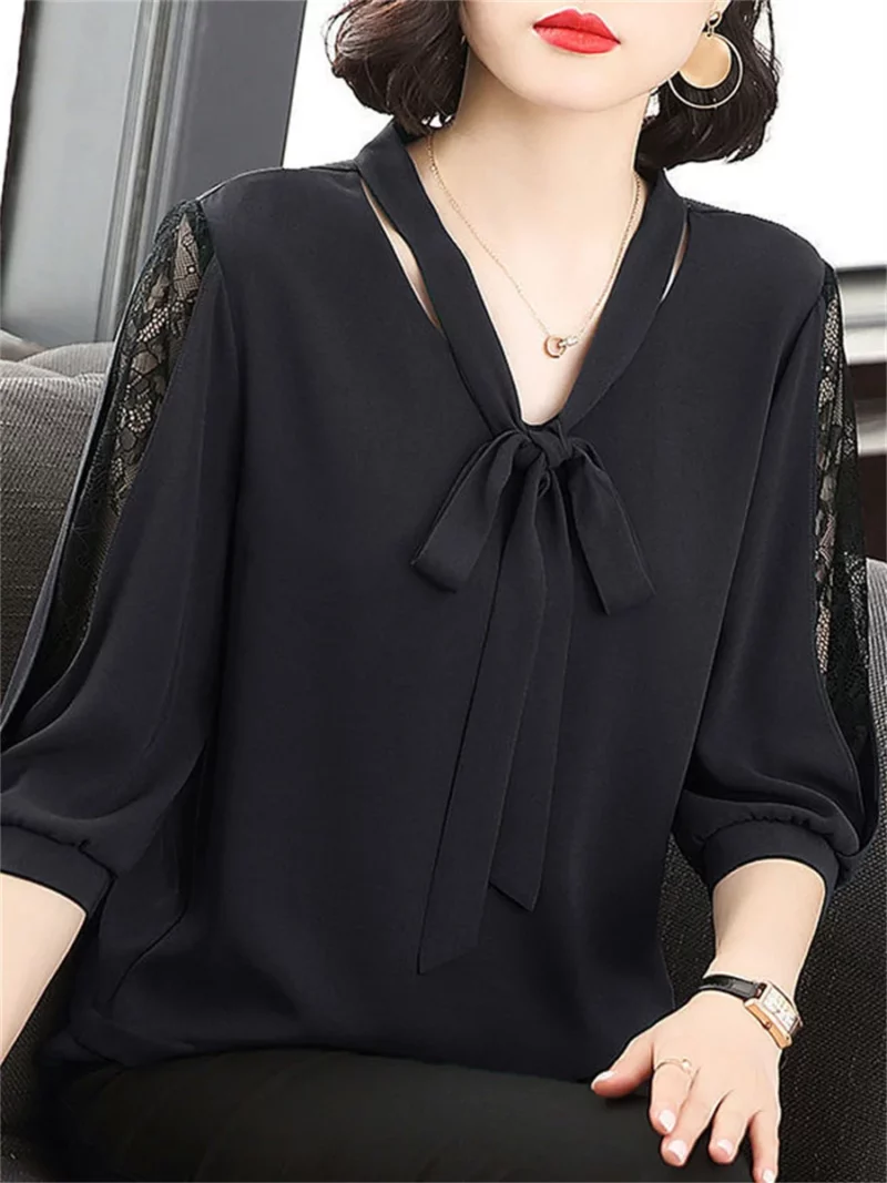 Women Spring Summer Style Blouses Tops Lady Casual Bow Tie Colloar Half Lace Sleeve Loose Blusas Tops DF4275 - Image 2
