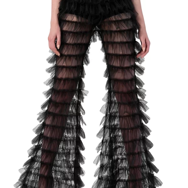 Women s Summer Casual Wide Leg Pants Black Tiered Sheer Flared Pants Fashion Bell-bottom Pants