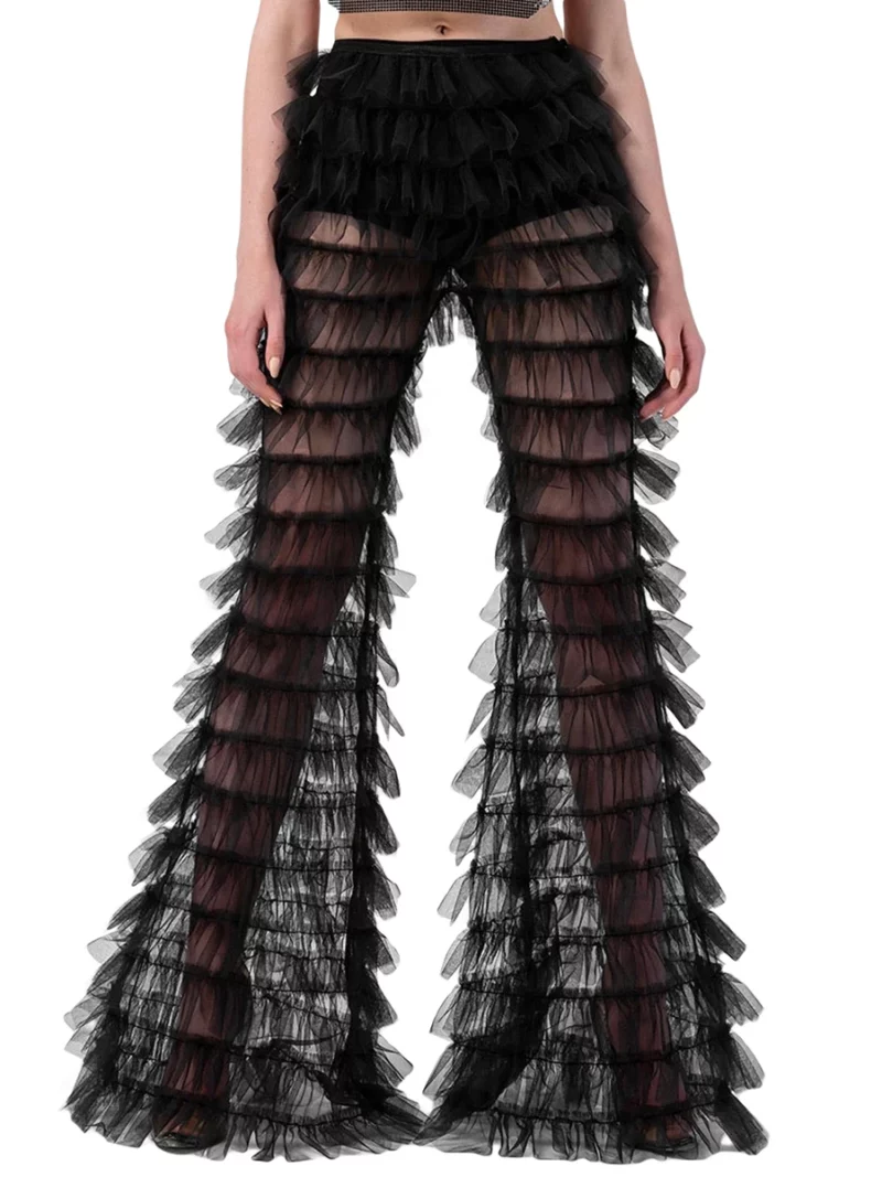 Women s Summer Casual Wide Leg Pants Black Tiered Sheer Flared Pants Fashion Bell-bottom Pants
