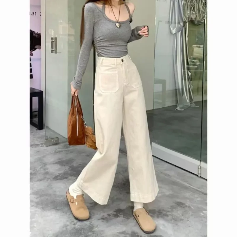 Niche High Waist Wide-leg Jeans Women Thin Style Slim and Loose Versatile White Nine-point Straight-leg Pants - Image 2