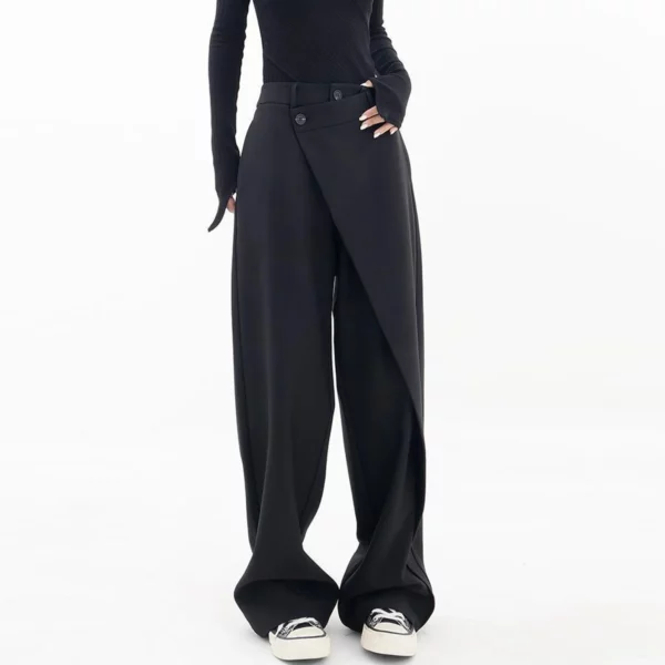 Asymmetrical Suits Pants Women Aesthetic Double Layer Button Down Irregular Wide Leg Trousers Splicing Oversized Straight Pants