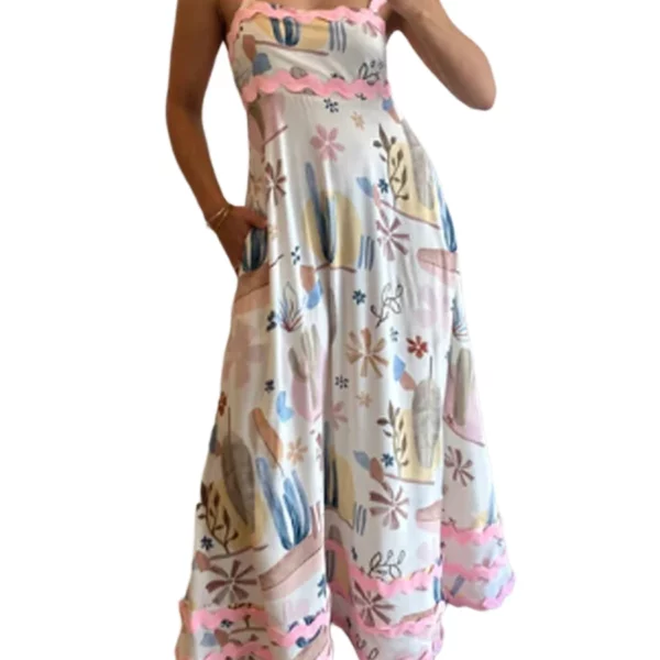 Women s Long Cami Dress Floral Leopard Print Sleeveless Square Neck Backless A-Line Ric Rac Dress
