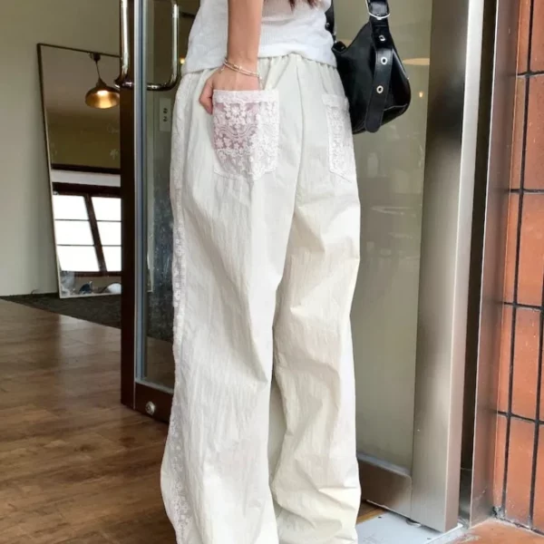 Lace Wide-leg Pants for Women in Summer 2025 New High-waist Casual Straight-leg Design Sun Protection Cool Ice Silk Pants Walk