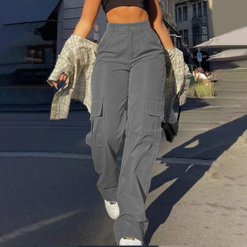 Women's Loose Cargo Pants High Waist Wide Leg Solid Color Full Length Trousers with Pockets Casual All Seasons Long Pants - Image 5