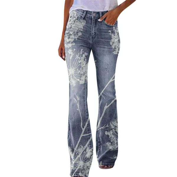 Elegant Women Floral Printed Jeans Plus Size S-5XL Female Straight High Waist Wide Leg Pants Slim Fit Casual Trendy Flare Pants