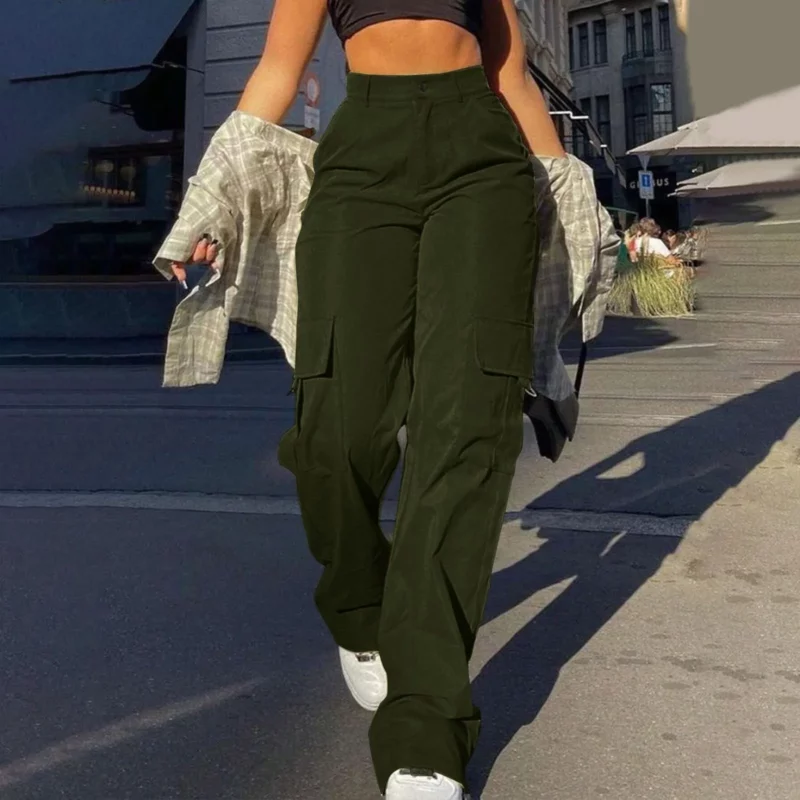 Women's Loose Cargo Pants High Waist Wide Leg Solid Color Full Length Trousers with Pockets Casual All Seasons Long Pants - Image 3