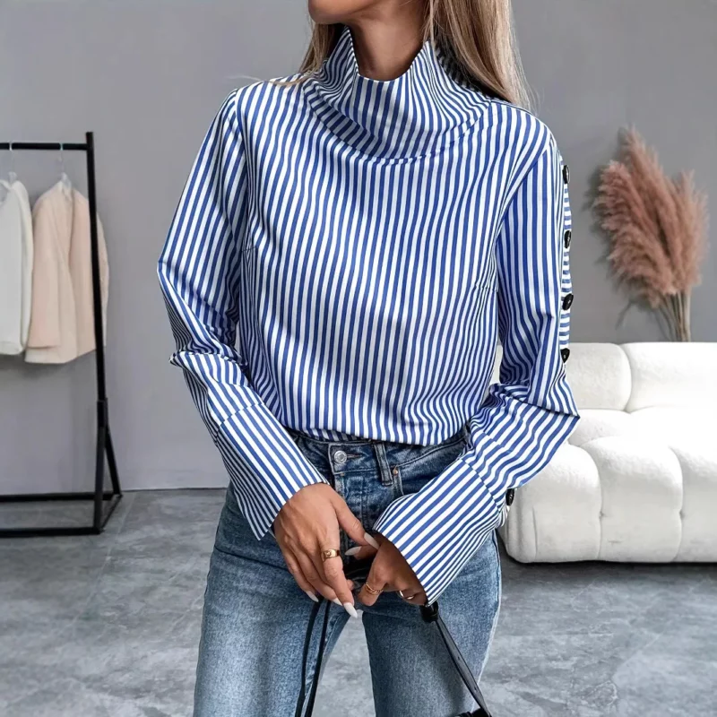 Spring Shirt New Stripe Long Sleeved Top For Women Elegant Office Lady Spliced ​​buttons Pullover Woman Blouse 2025 Blusas - Image 3
