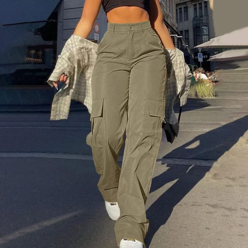 Women's Loose Cargo Pants High Waist Wide Leg Solid Color Full Length Trousers with Pockets Casual All Seasons Long Pants - Image 2